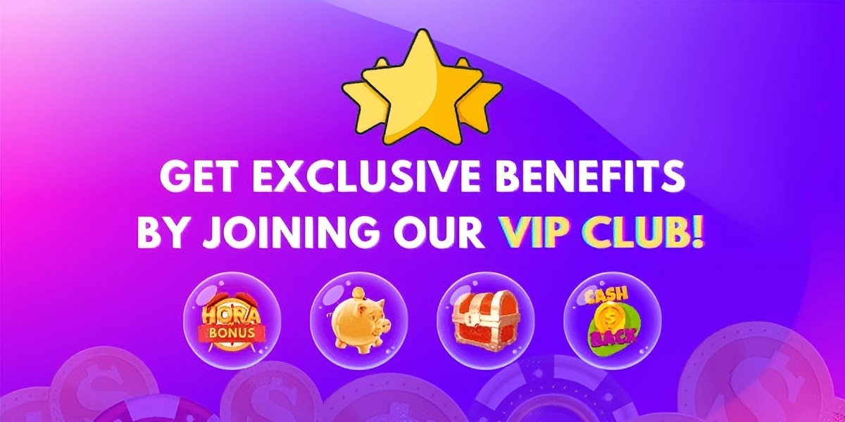VIP club banner with golden stars and circular bonus icons on a purple to pink gradient